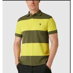 Polo Ralph Lauren Yellow/Olive Green Stripes Shirt Men's XL Navy Blue Pony